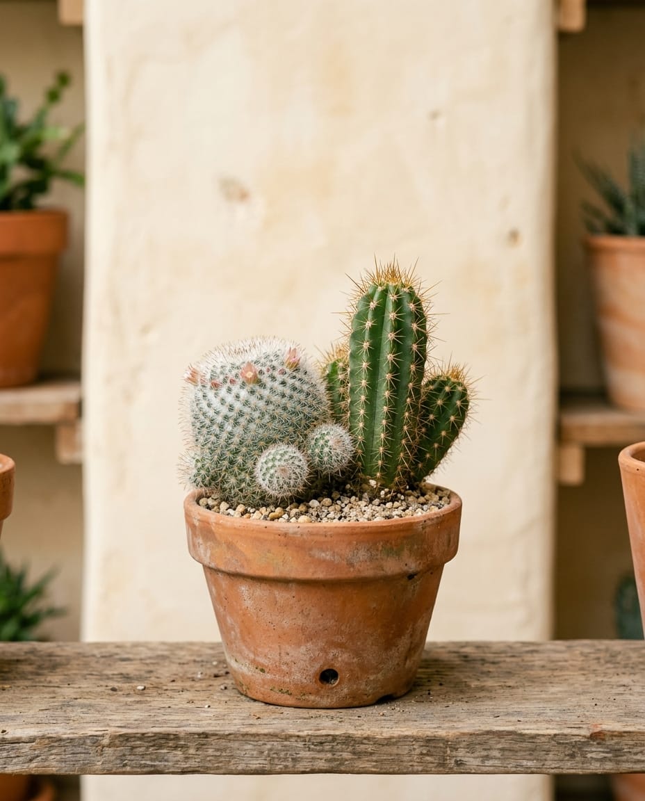 Cacto em dupla (terracotta) — Mammillaria sp. + Echinopsis sp.